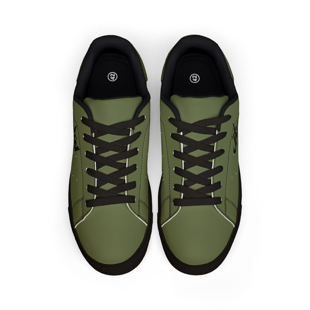 Men's Low-Top Leather Sneakers — Military-Green Casual Shoes